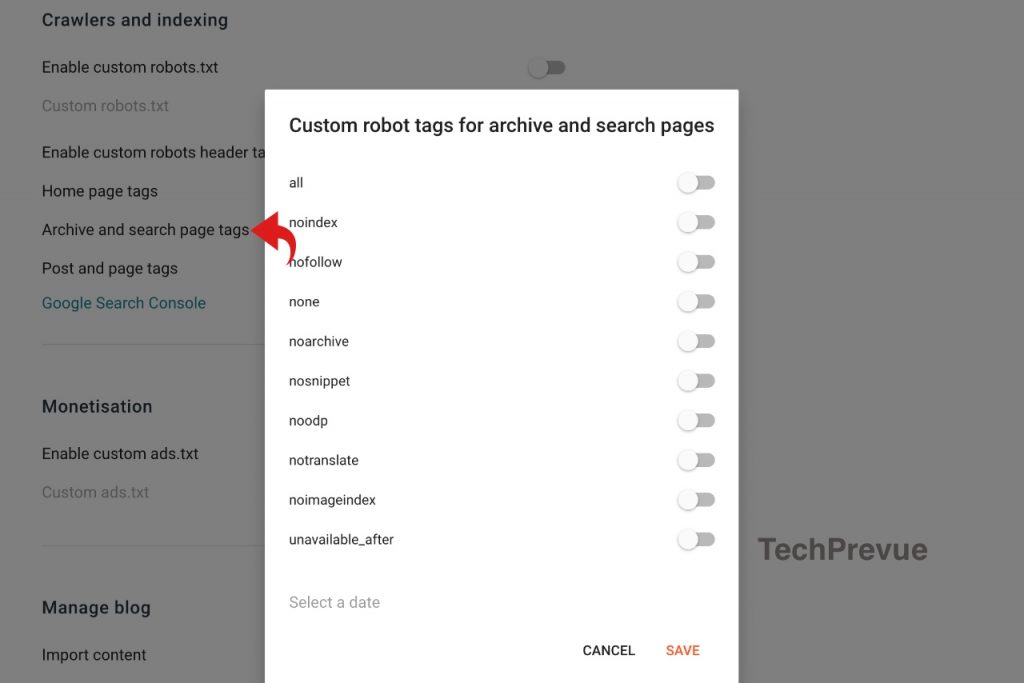 Archive and search page custom robots header tags