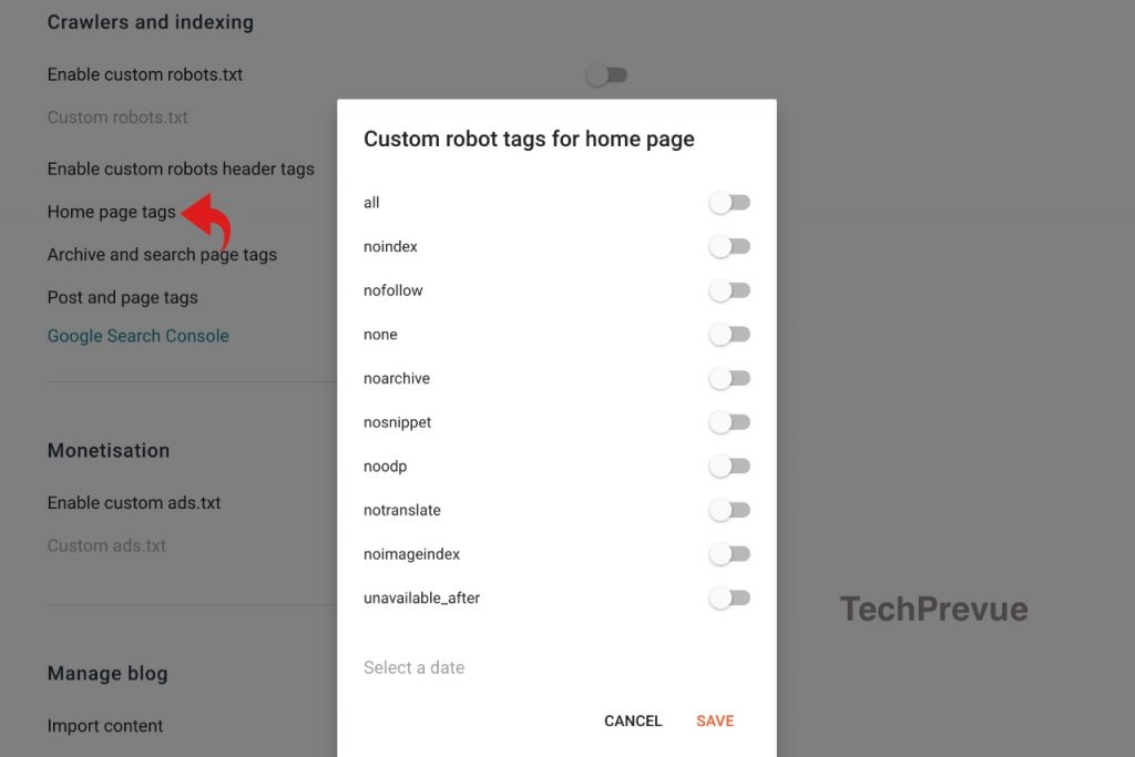 home page custom robots header tags