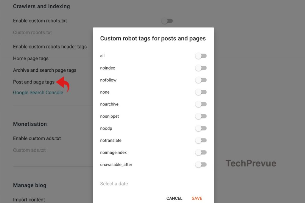 Post and page Archive and search page custom robots header tags