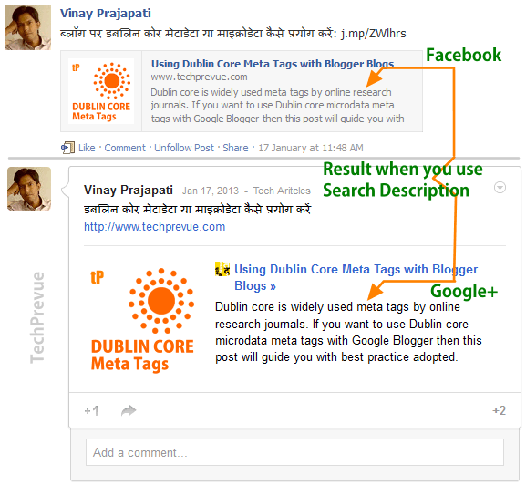 Search description for Facebook and Google plus