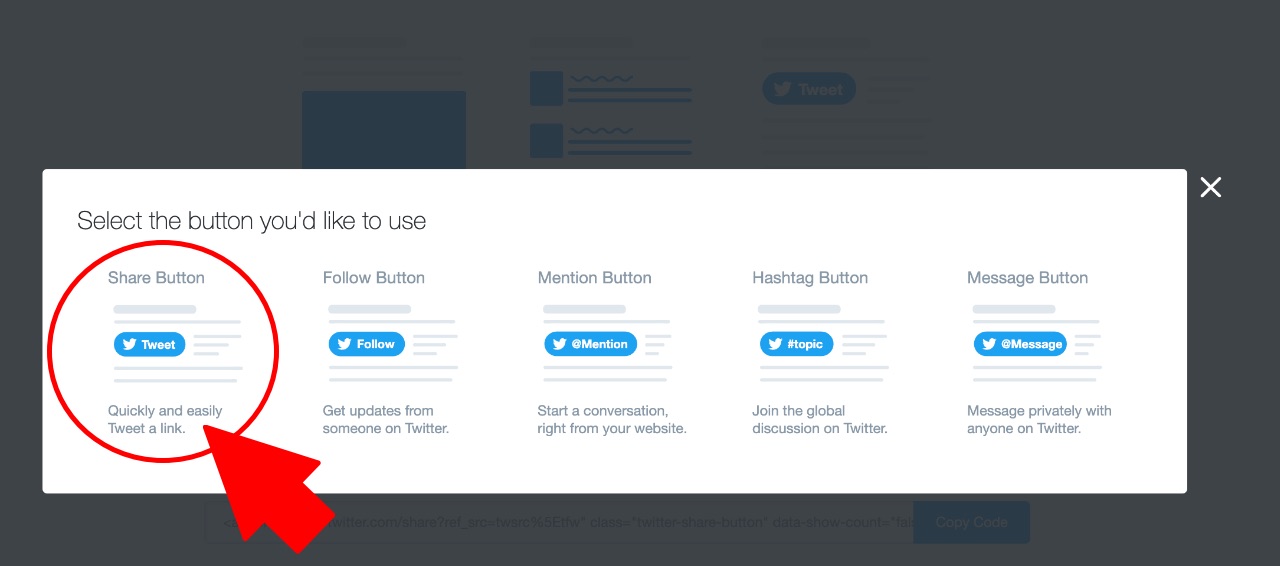 Select Twitter share button to get the code