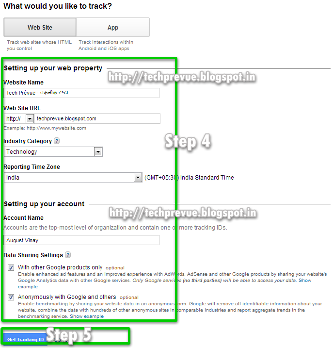 Step 4 and 5 - Fill all the information asked and required to get tracking code