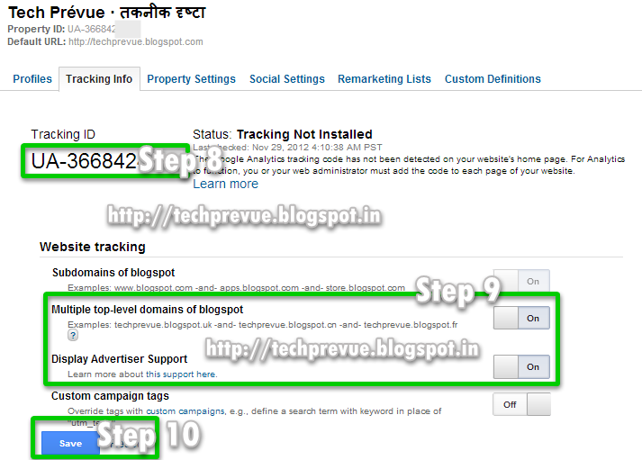 Step 8, 9 and 10 - Get Tracking ID, Do domain settings and Save changes