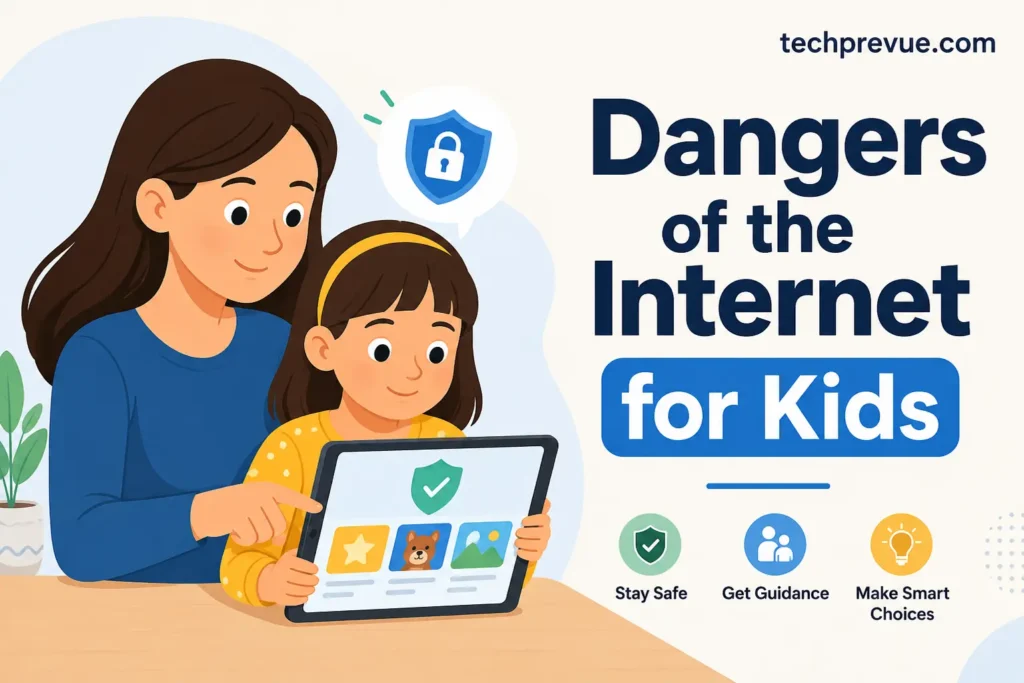 Parent supervising a young child on a tablet, protecting against the dangers of the internet for kids
