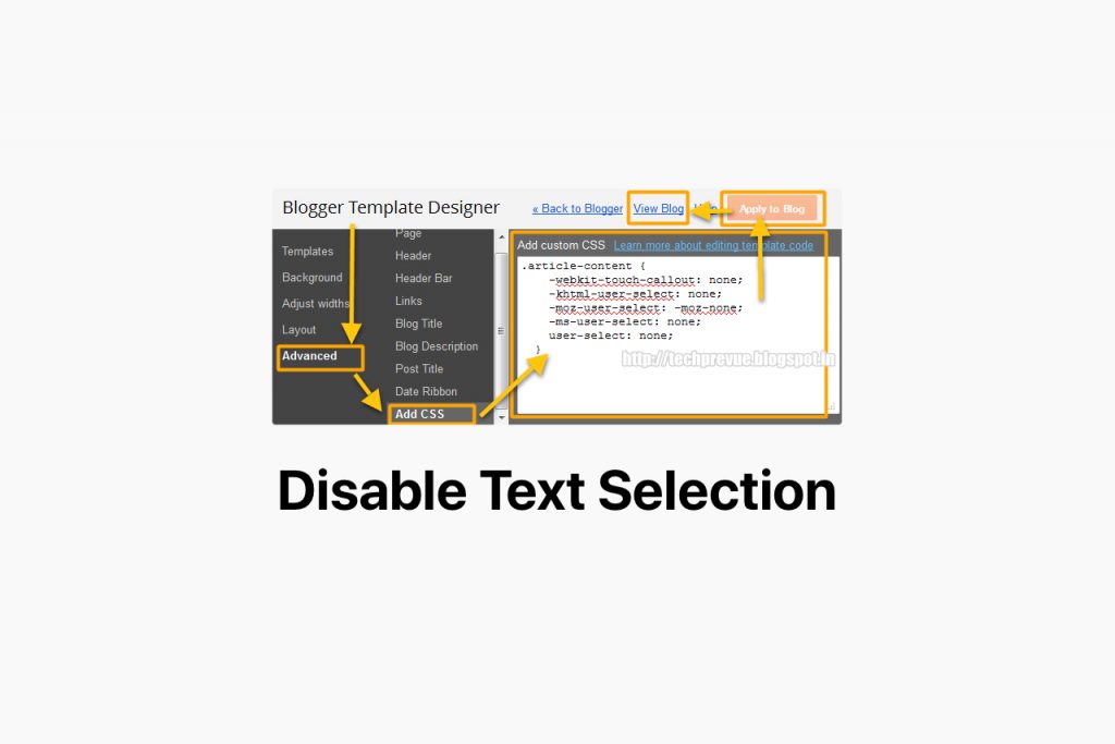 Disable text selection on a blog