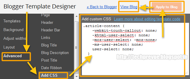 disable text selection blogger dynamic views