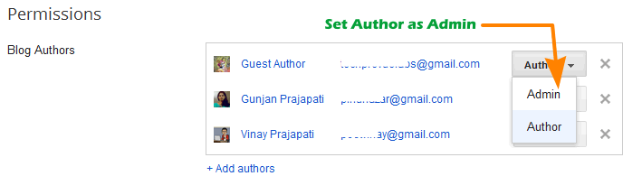 Set author as admin on Blogger