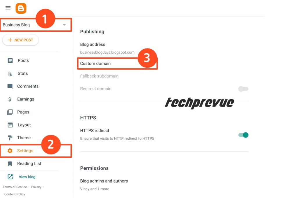 Blogger custom domain - Blog > Settings > Publishing