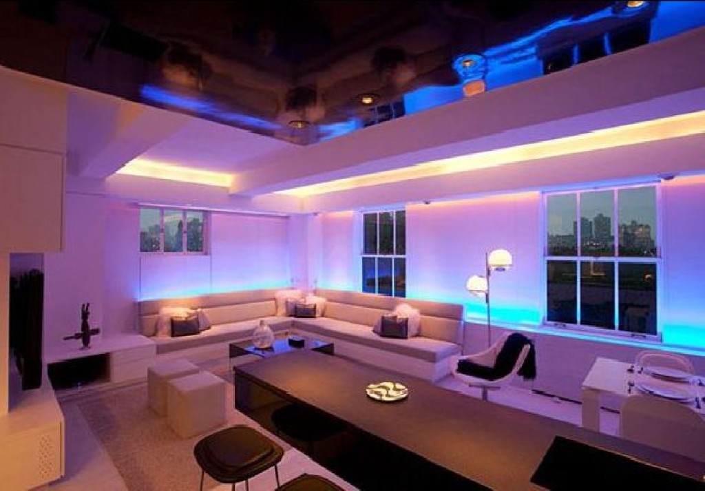 modern apartment, furniture design, interior decor and mood lighting