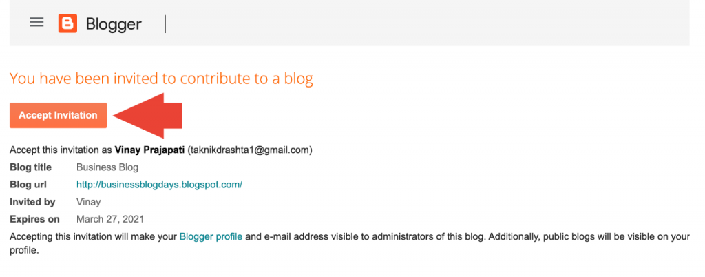 An invitee accepts invitation to contribute a blog