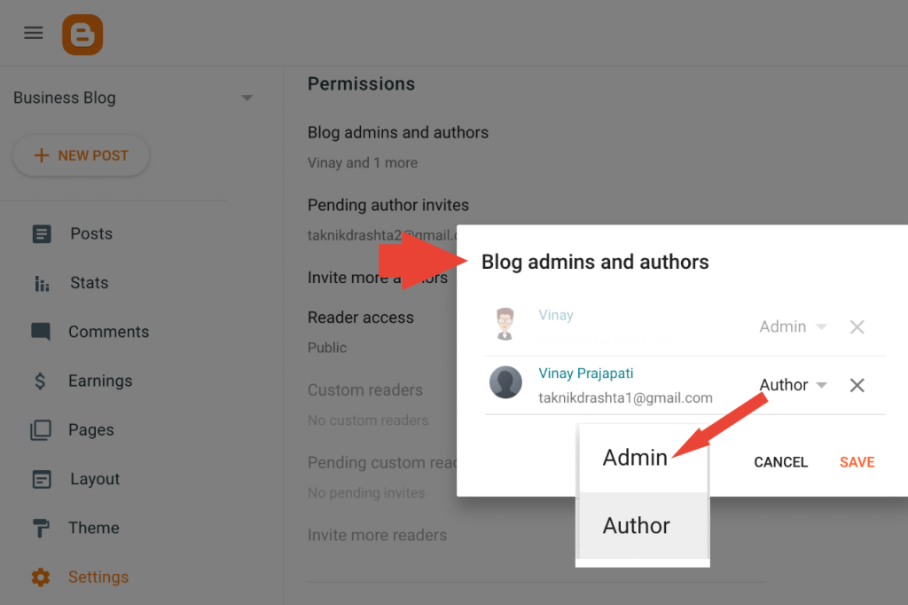 Manage blog admins and authors