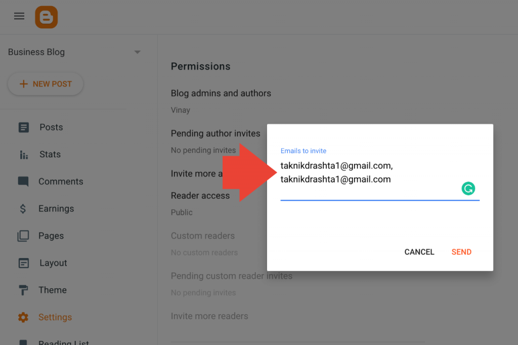 Enter emails to invite authors on Blogspot