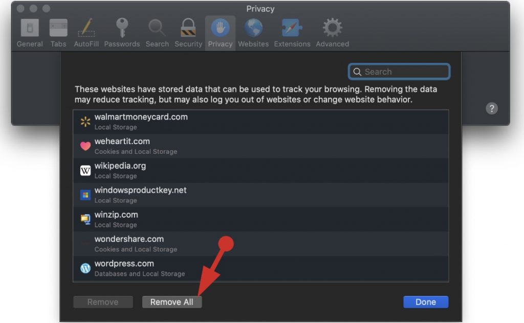 macOS Safari Privacy Remove the website data