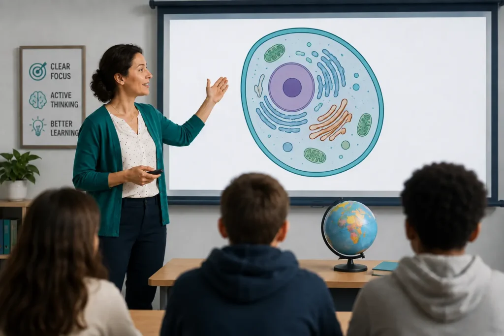 Teacher pointing to a projected diagram in a classroom, illustrating the benefits of audio visual aids in teaching