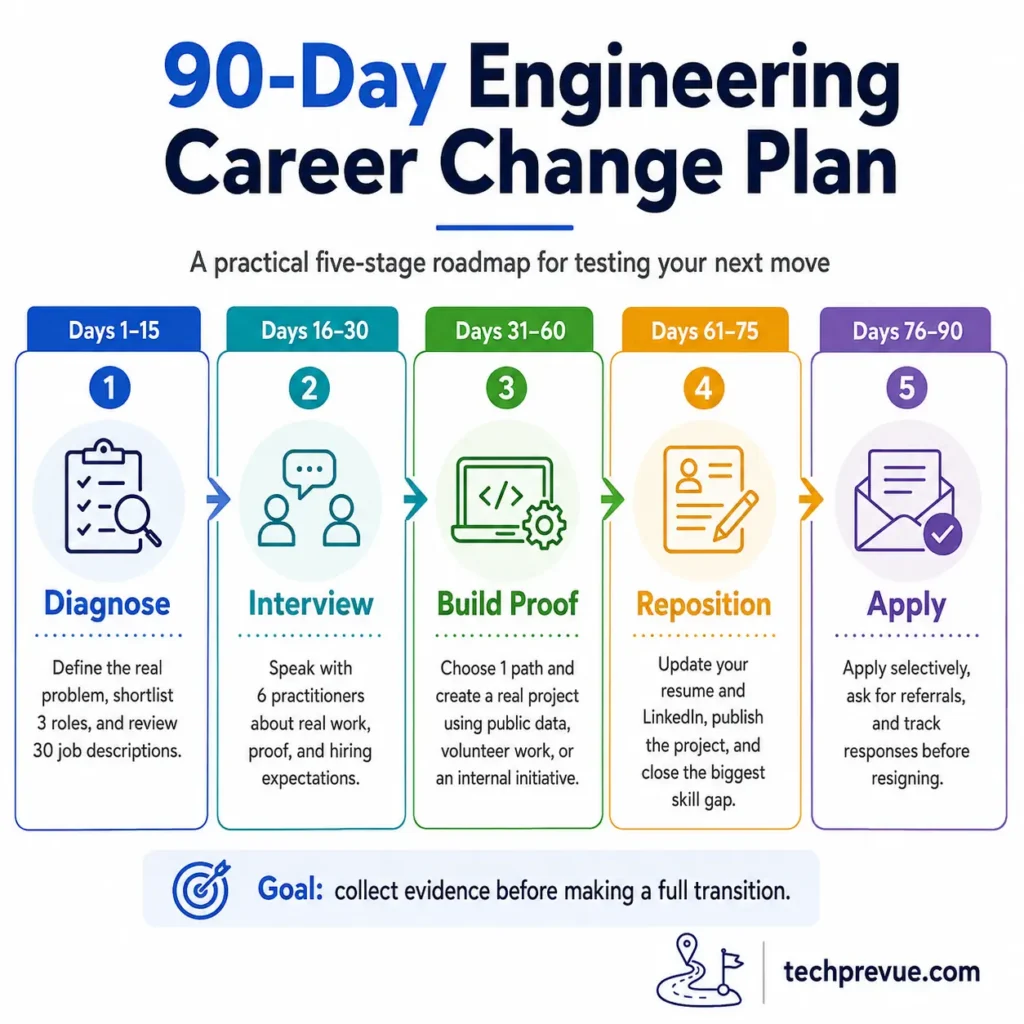 Ninety-day career change plan for engineers covering research, proof projects, resume updates, and applications
