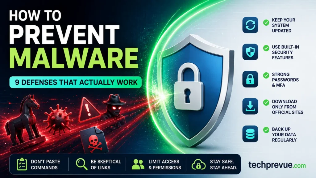 How to prevent malware with nine practical defenses, including system updates, built-in security, strong passwords, safe downloads, backups, and avoiding malicious commands.