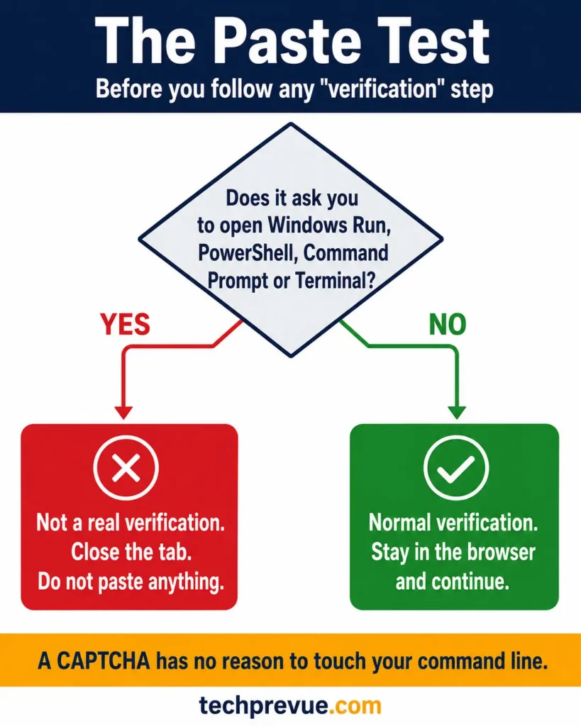 Flowchart of the Paste Test rule showing how to prevent malware by closing any verification page that asks you to run a command
