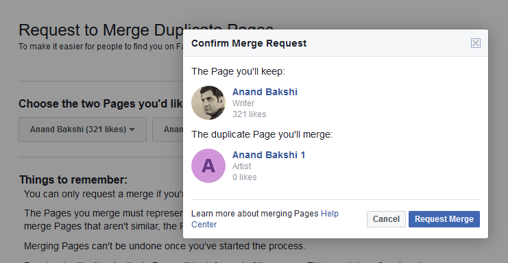 Confirm Facebook Pages merge request