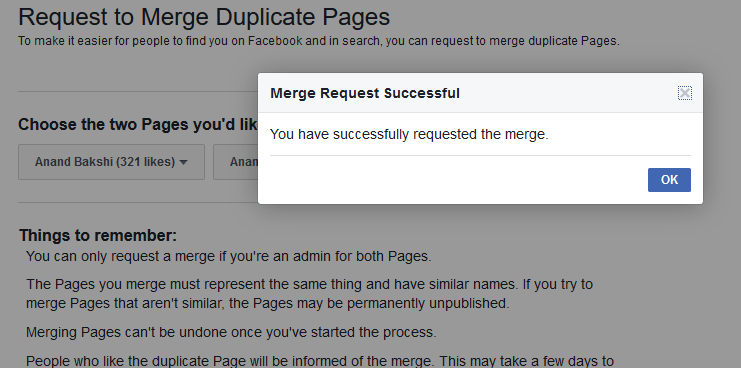 Facebook Pages merge request successful-min