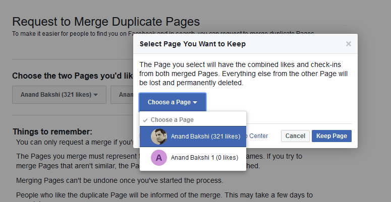 Select Facebook page you want to keep