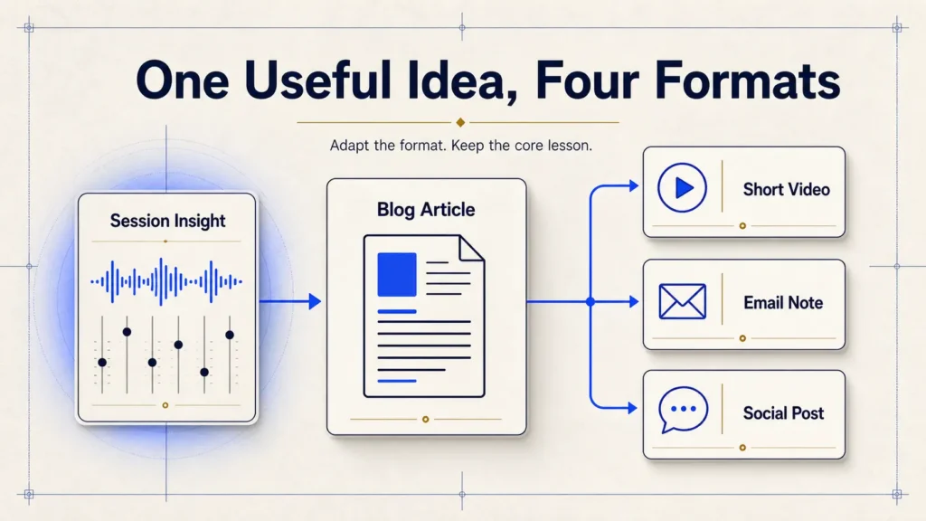 Flow diagram showing a music production session insight becoming a blog article, then adapted into a short video, email note, and social post.