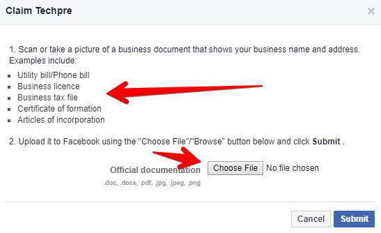 Claim a Facebook page with documents