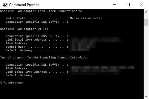 Command prompt ipconfig output