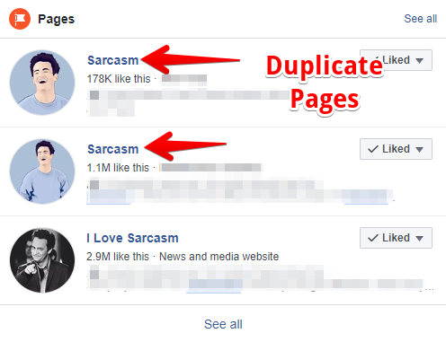 Sample duplicate Facebook pages