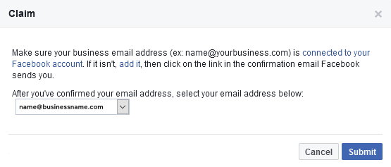 Facebook page claim confirm email