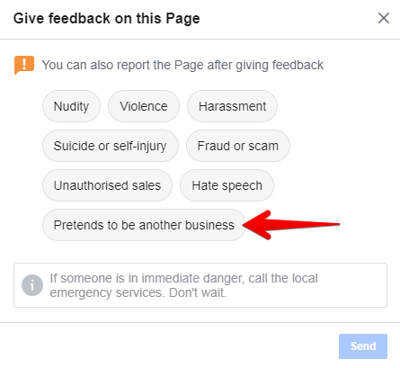 Facebook: Give feedback on this page pretend to be another business