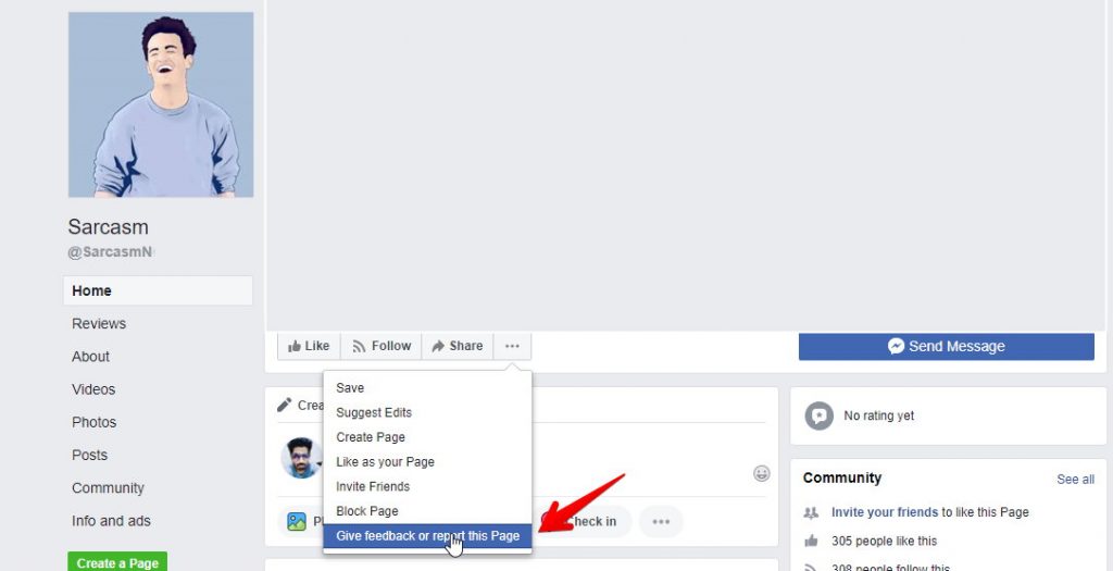 Facebook: Give feedback or report this page