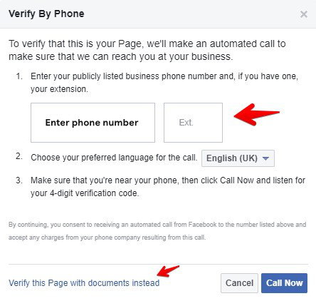 Verify by phone Facebook page