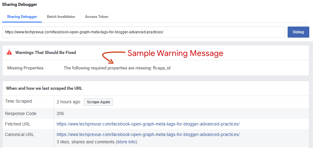 A sample Facebook Sharing Debugger warning message