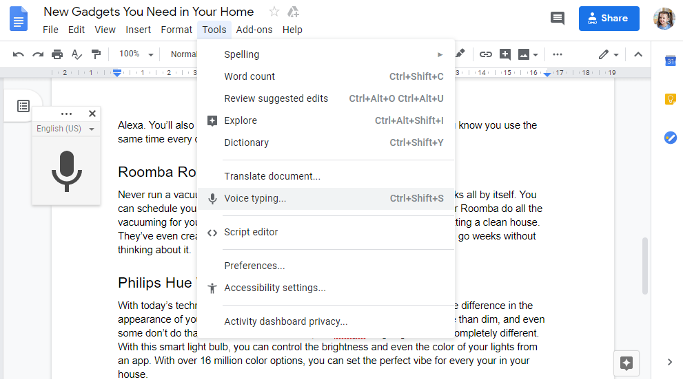 google docs speech to text