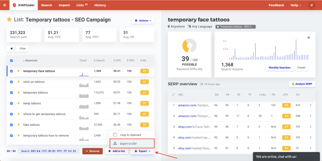 Export your keyword list into a CSV file