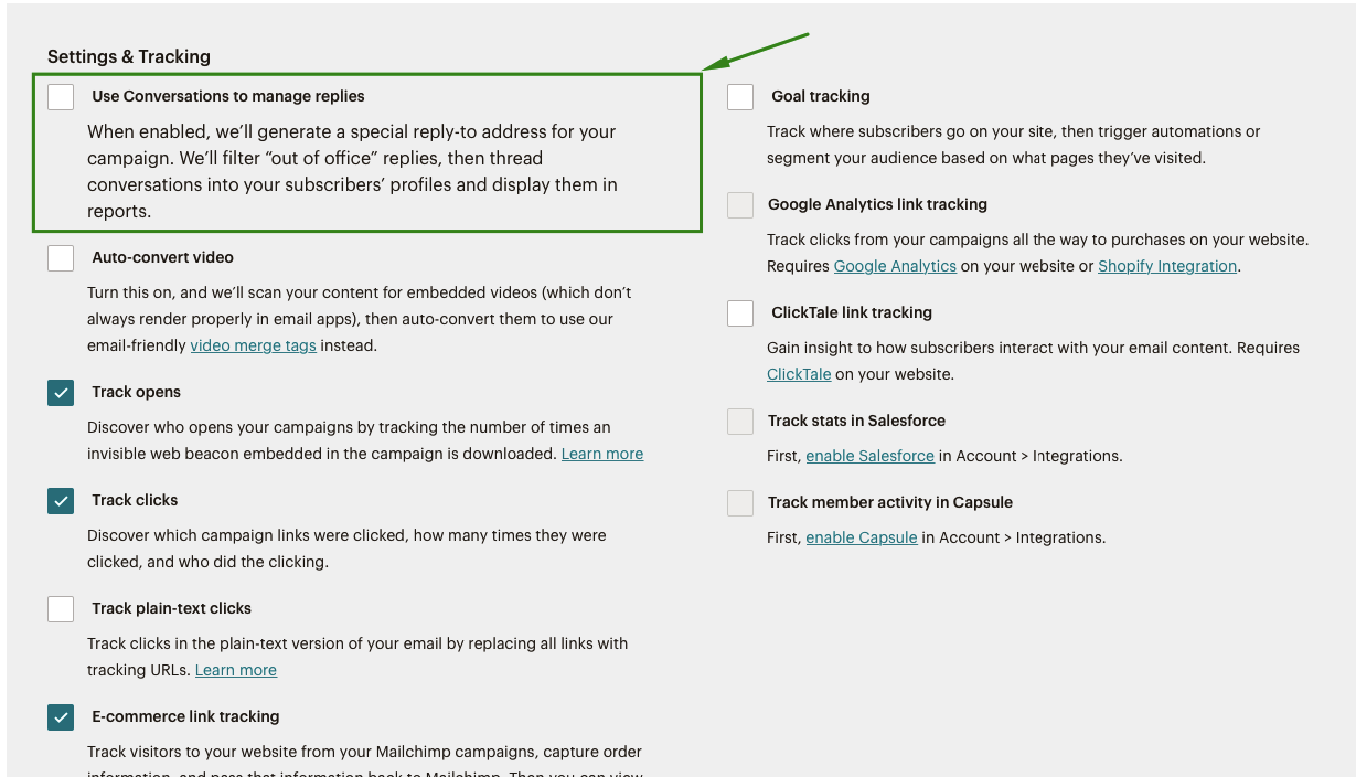 MailChimp - Settings and tracking