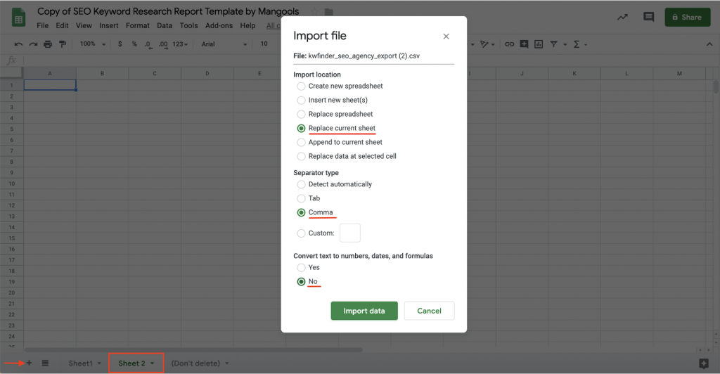 Import keyword list into a new sheet