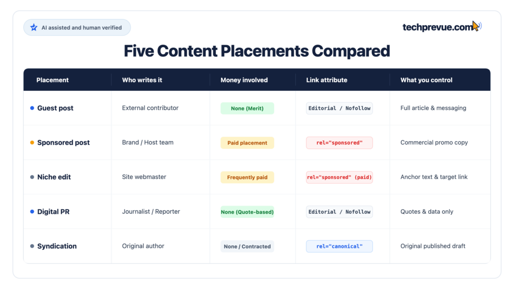 Comparison of guest post, sponsored post, niche edit, digital PR and syndication by payment, link attribute and editorial control