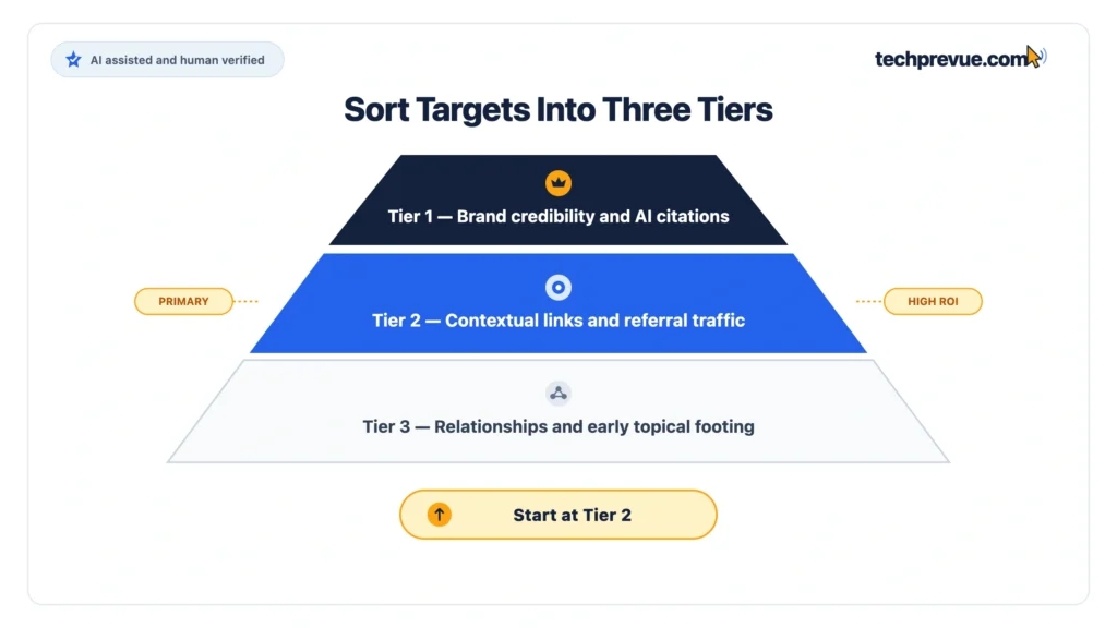 Three tiers of guest posting prospects with the objective and effort level for each