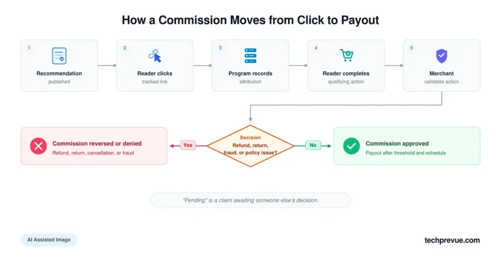 Flow diagram of an affiliate commission from tracked click through attribution, qualifying action, merchant validation, possible reversal, approval, and payout