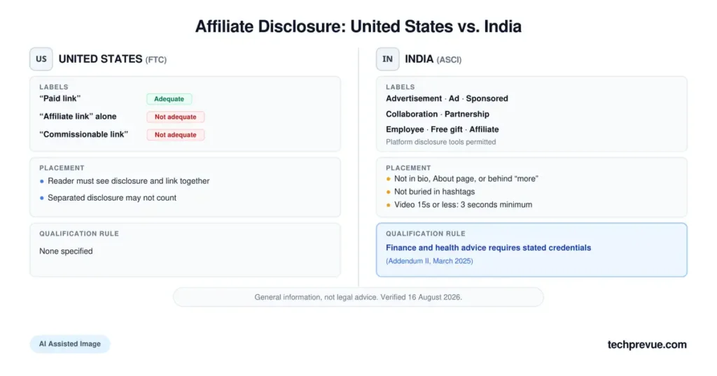 Side-by-side comparison of FTC and ASCI affiliate disclosure labels, placement rules, and India's credential requirement for finance and health advice