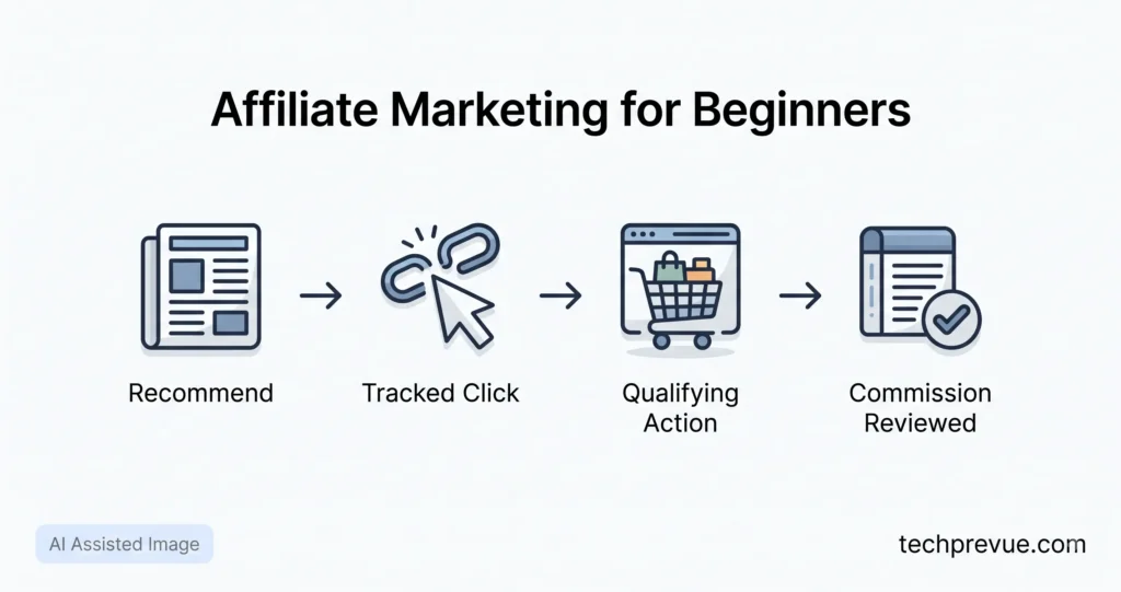 Four-stage flow showing affiliate marketing moving from a published recommendation through a tracked click and qualifying action to a reviewed commission