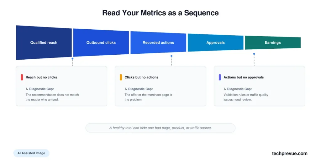 Funnel showing affiliate metrics from qualified reach to earnings, with what a gap at each stage indicates