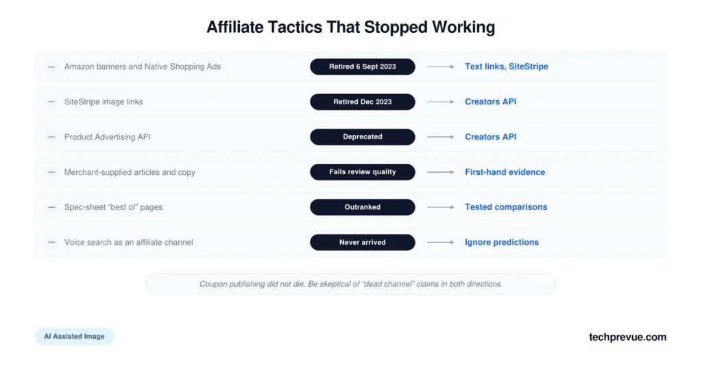 List of six outdated affiliate tactics with retirement dates and their current replacements