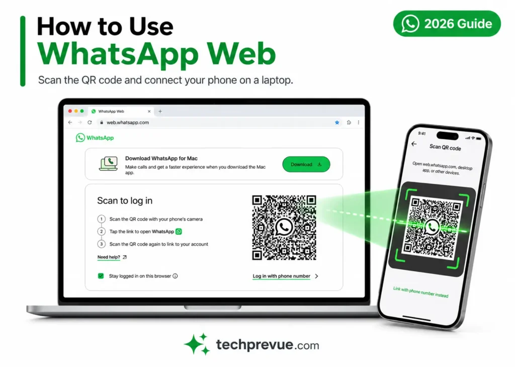 How to use WhatsApp Web on a laptop showing the QR code login screen