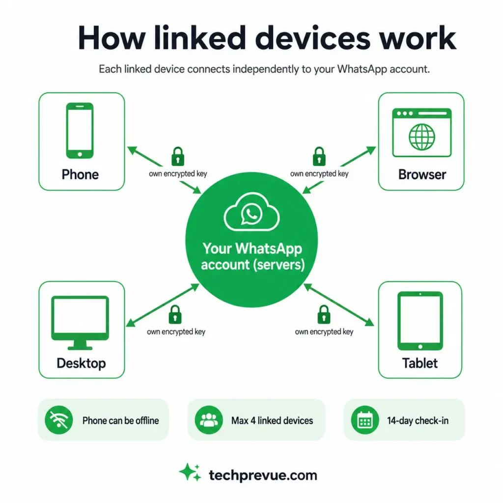 Diagram showing four linked devices each connecting independently to a WhatsApp account