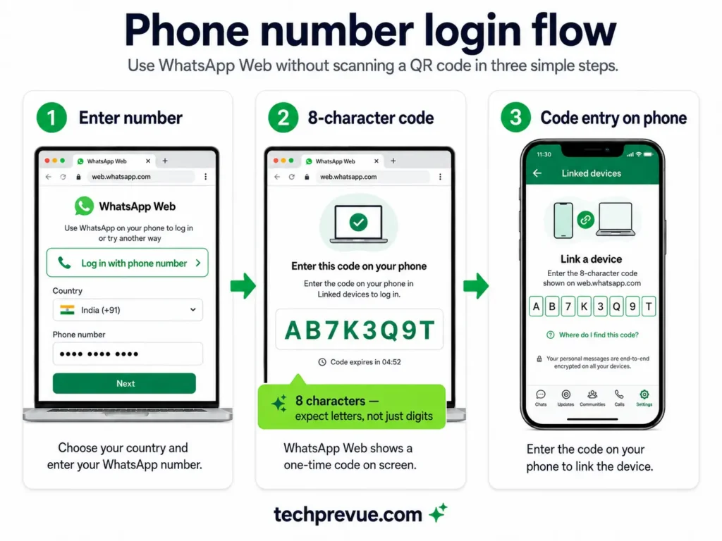 Logging in to WhatsApp Web with a phone number and 8-character code