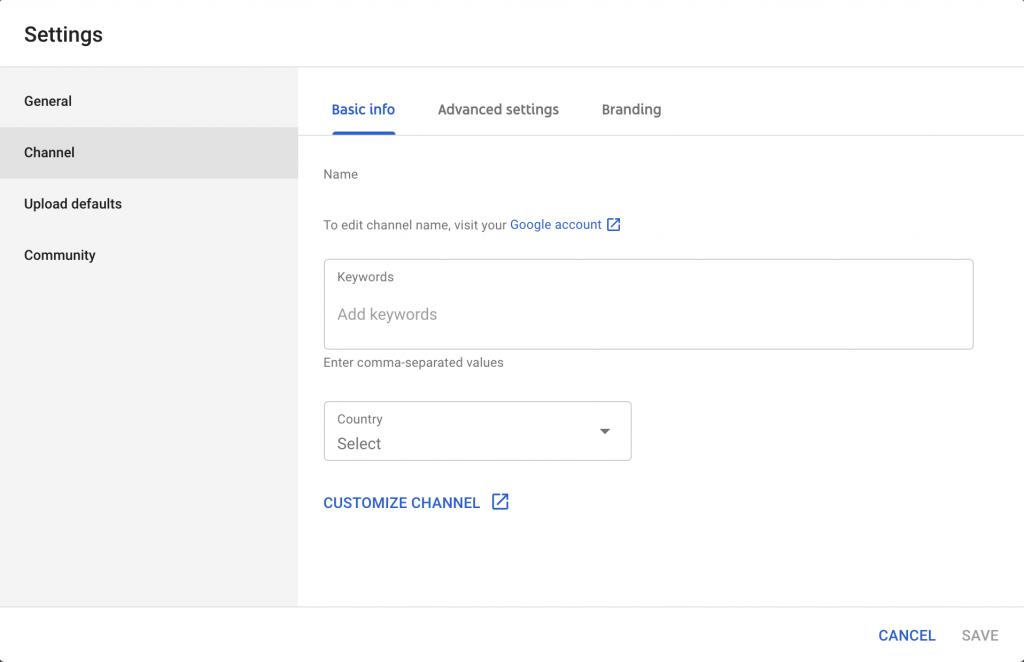 YouTube channel keywords and country