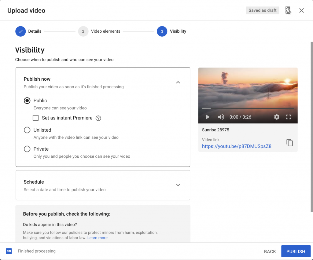 YouTube - Publish now Option