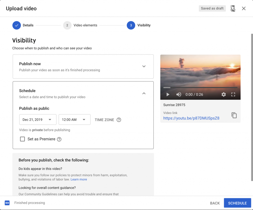 YouTube - Schedule publish options